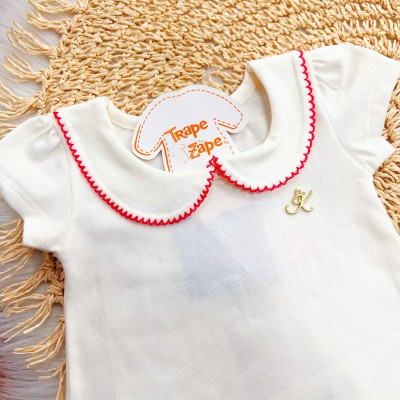 Conj. Blusa Gola Bordada e Short Florzinhas - Off White e Vermelho